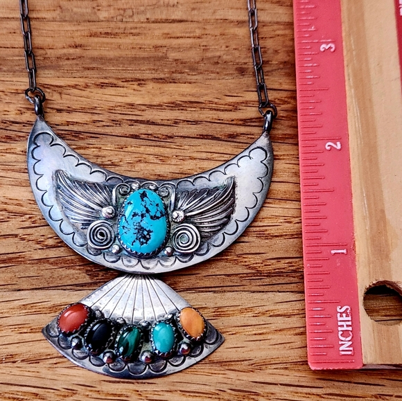 WOW! VINTAGE UNSIGNED NAVAJO RICHARD BEGAY Sterling Silver Multi-Stone Necklace - Picture 10 of 16